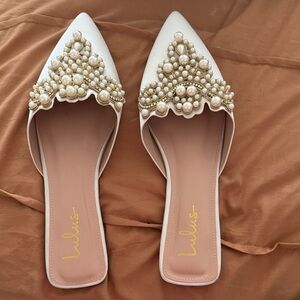 Lulu's white satin Embellished Mules